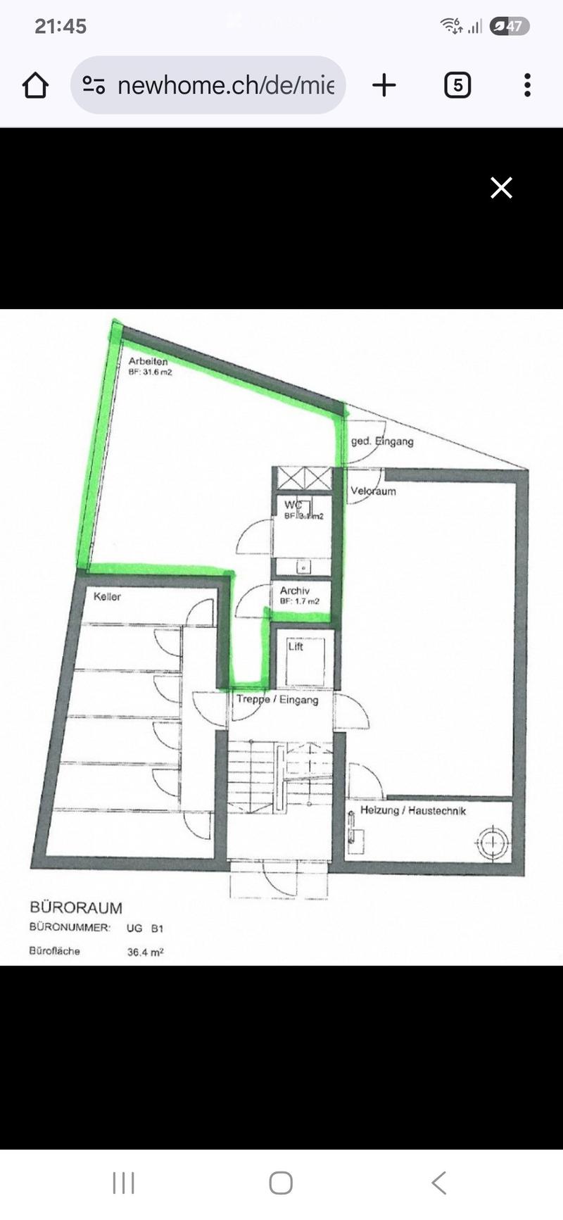 Floor plan of a basement level showing rooms including a work area, storage, WC, archive, lift, staircase, heating, and technical room.