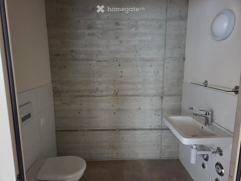 Modern bathroom with a concrete textured wall, white toilet, white sink with chrome faucet, and a round mirror above the sink.