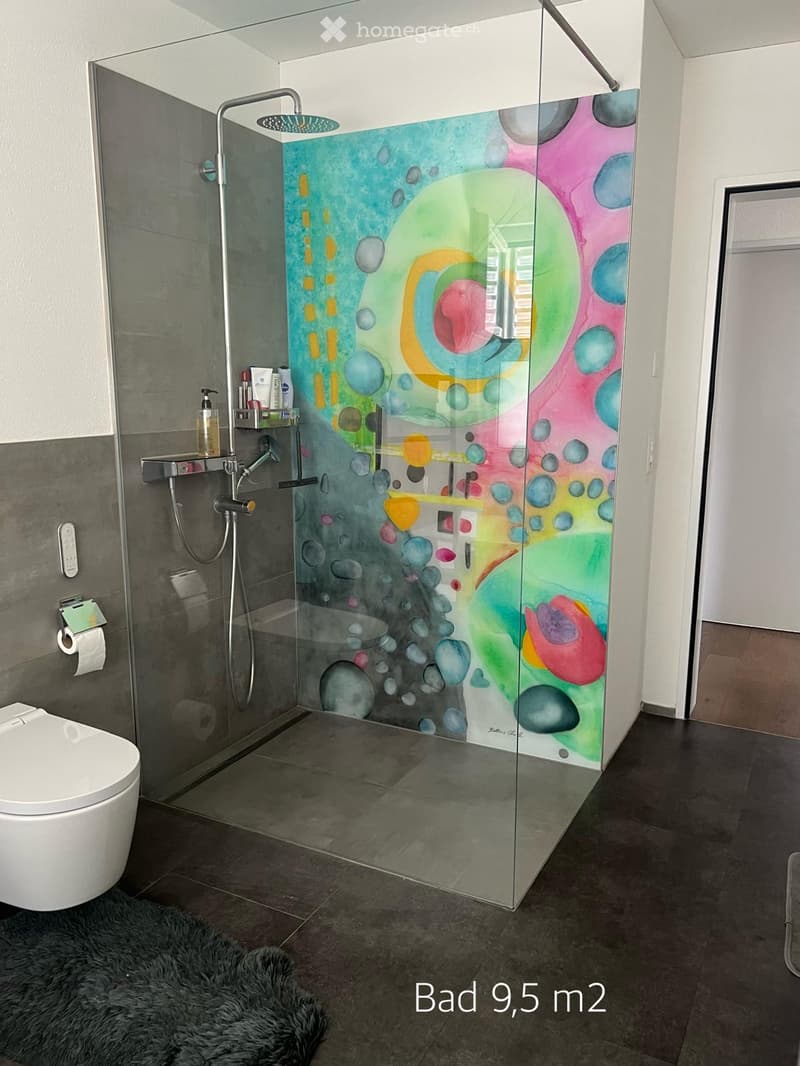 Modern bathroom with a glass-enclosed shower featuring a colorful abstract design, a toilet, a shower shelf with toiletries, and a dark tiled floor.