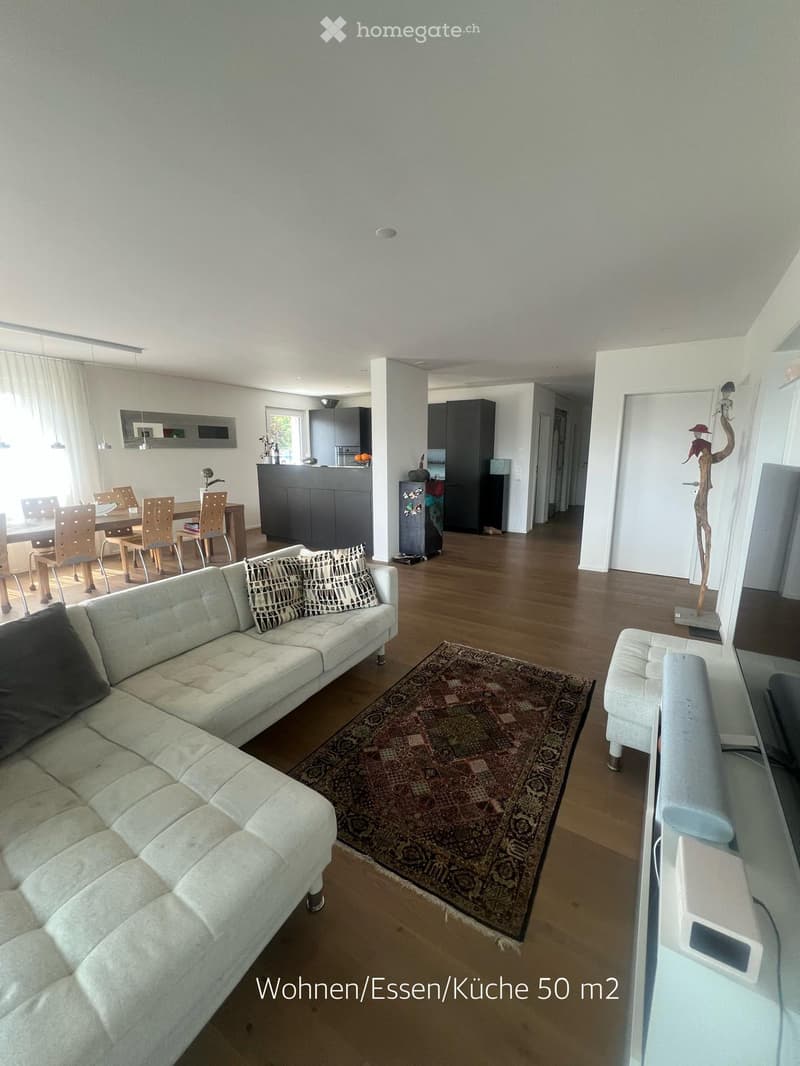 A modern living and dining area with a light grey sectional sofa, patterned cushions, a wooden dining table with chairs, a kitchen area with cabinets, and a decorative rug on the wooden floor.