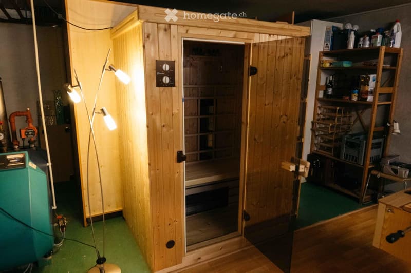 A small, well-lit room with wooden walls and a green carpeted floor. A sauna with glass doors is visible, along with shelves holding various items and a floor lamp providing illumination.