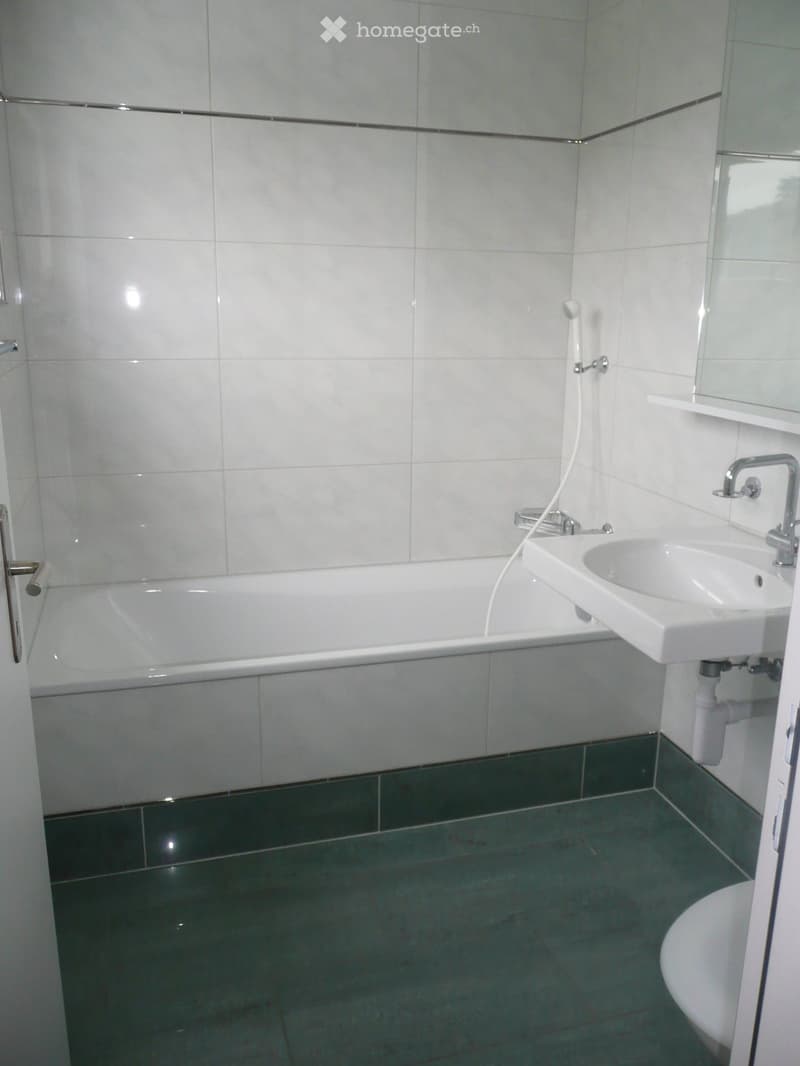 Bathroom with white tiled walls, a bathtub, a sink with a chrome faucet, and a dark green tiled floor.