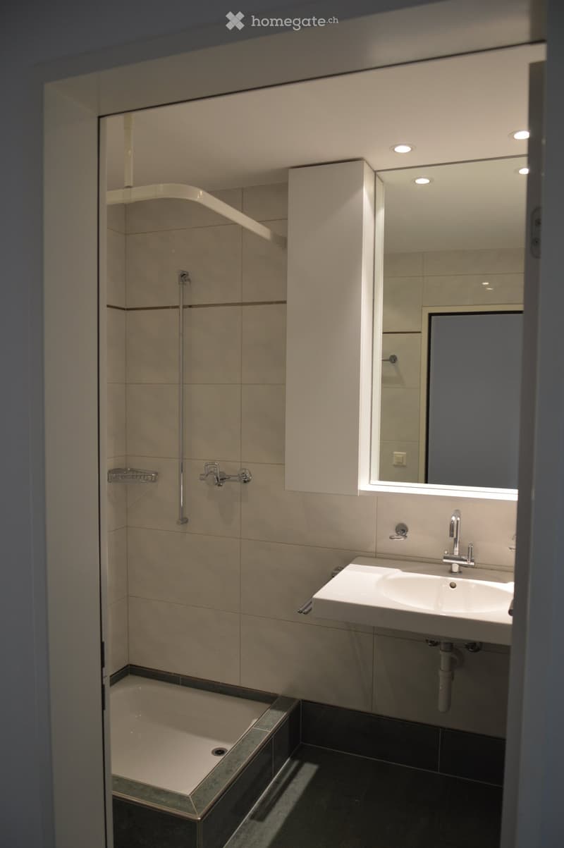 Modern bathroom with a white sink, mirror, bathtub, and shower area. Features include a sleek faucet, built-in storage, and recessed lighting.