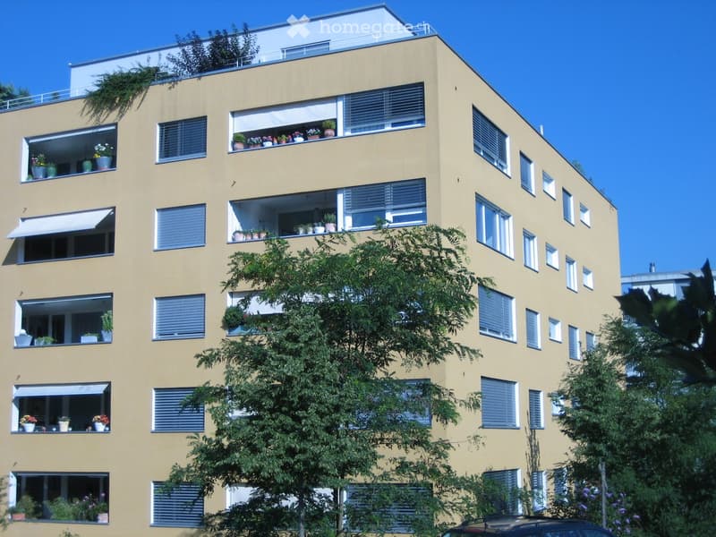 Multi-story yellow building with multiple windows, balconies, and potted plants on the windowsills.