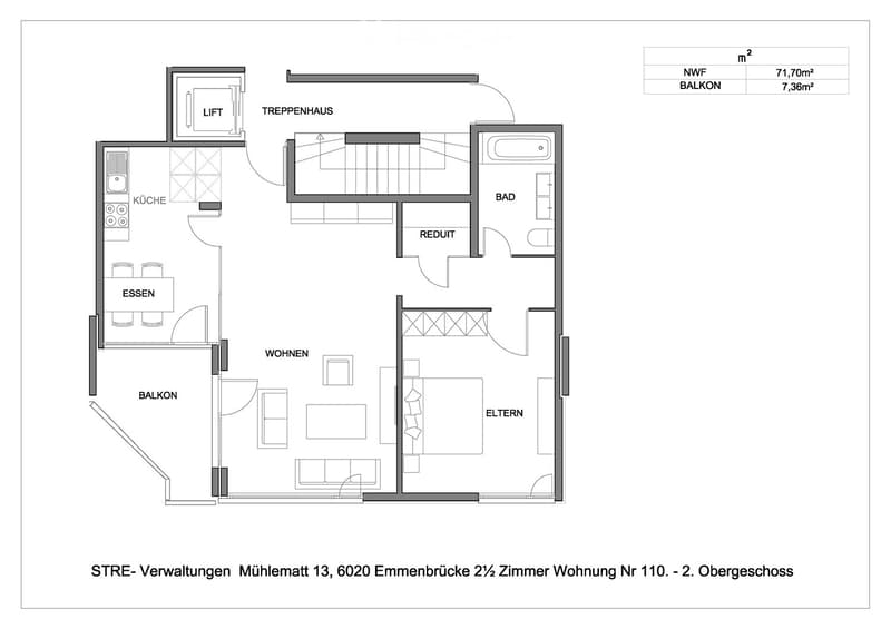 Floor plan of a 2.5-room apartment on the second floor, including a kitchen, dining area, living room, bedroom, bathroom, and balcony.