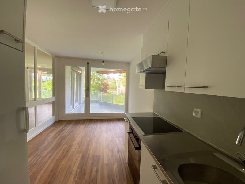 Modern kitchen with wooden flooring, white cabinets, stainless steel appliances, and large windows overlooking a balcony.