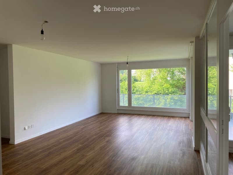 Empty room with wooden flooring, white walls, large windows, and modern lighting fixtures.