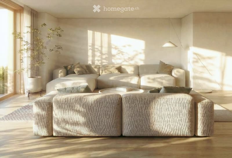 modern living room with white couch, wooden floor, large windows, potted plant, coffee table, floor lamp