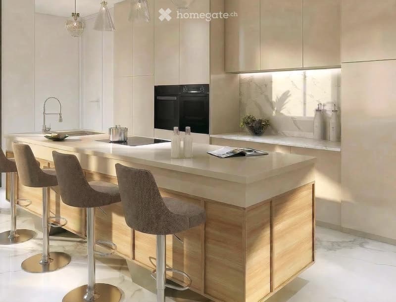 modern kitchen with island, wooden cabinets, marble countertops, black oven, faucet, stools, bottles, plants, and lamps