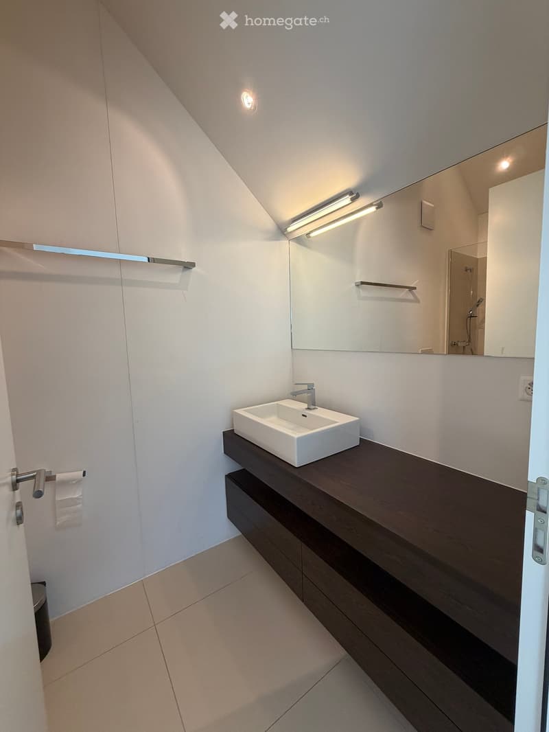 Modern bathroom with a white sink, dark wooden cabinet, large mirror, and built-in lighting.