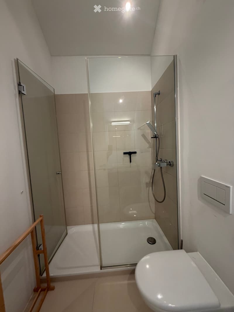Modern bathroom with a bathtub, glass-enclosed shower, and a sleek faucet. The space features light-colored tiles and a clean, contemporary design.