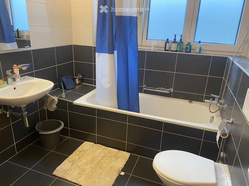 Modern bathroom with dark tiled walls and black floor tiles, featuring a sink, bathtub with a shower curtain, toilet, and various toiletries on the windowsill and sink counter.