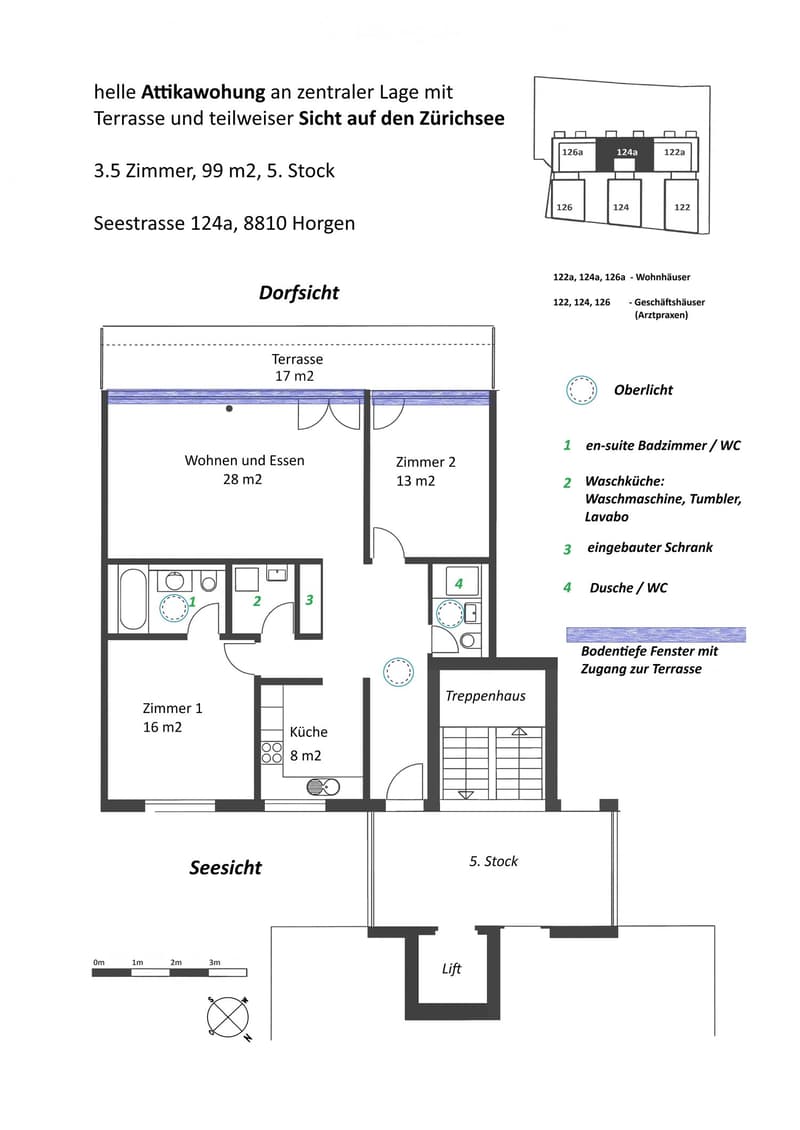 Floor plan of a 3.5-room attic apartment on the 5th floor, featuring a living and dining area, two bedrooms, a kitchen, an en-suite bathroom, a wash kitchen, a built-in closet, a shower/WC, and a terrace with views of Lake Zurich.