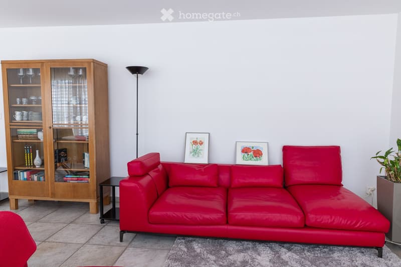 Modern living room with a red leather sofa, wooden cabinet with glass doors, small black side table, floor lamp, and two framed pictures on the wall.