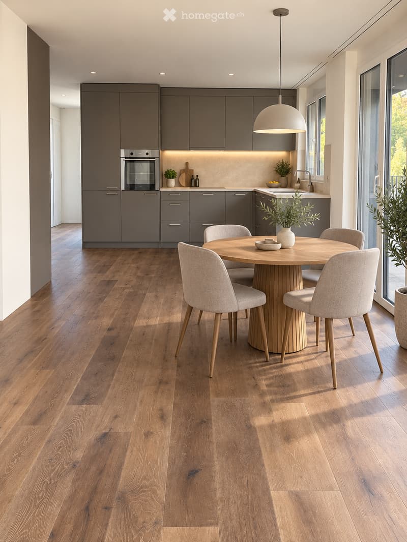Modern dining area with a round wooden table surrounded by six upholstered chairs, pendant light fixture, grey cabinets, and a built-in oven. The space features light wooden flooring and large windows with a view of greenery.