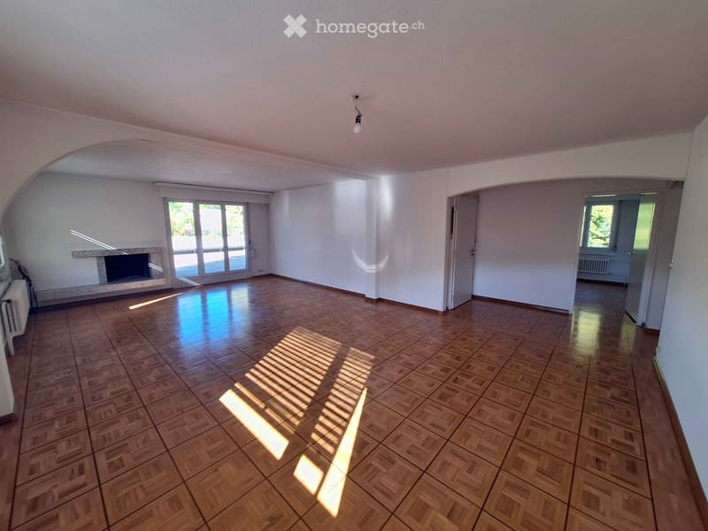 Empty room with wooden flooring, white walls, and large windows allowing natural light. Features a fireplace on one wall and a door leading to another space.