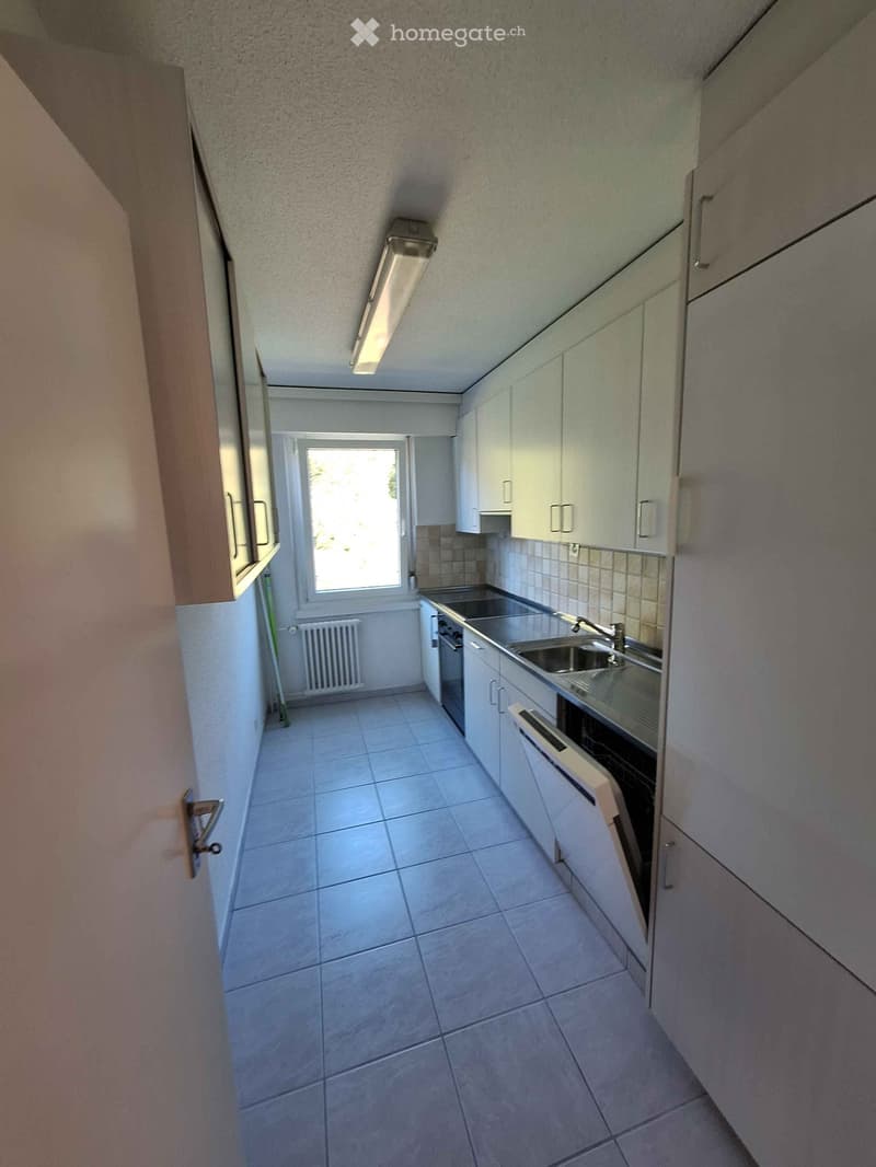 Modern kitchen with white cabinets, stainless steel sink, oven, and dishwasher. Features tiled flooring and a window providing natural light.