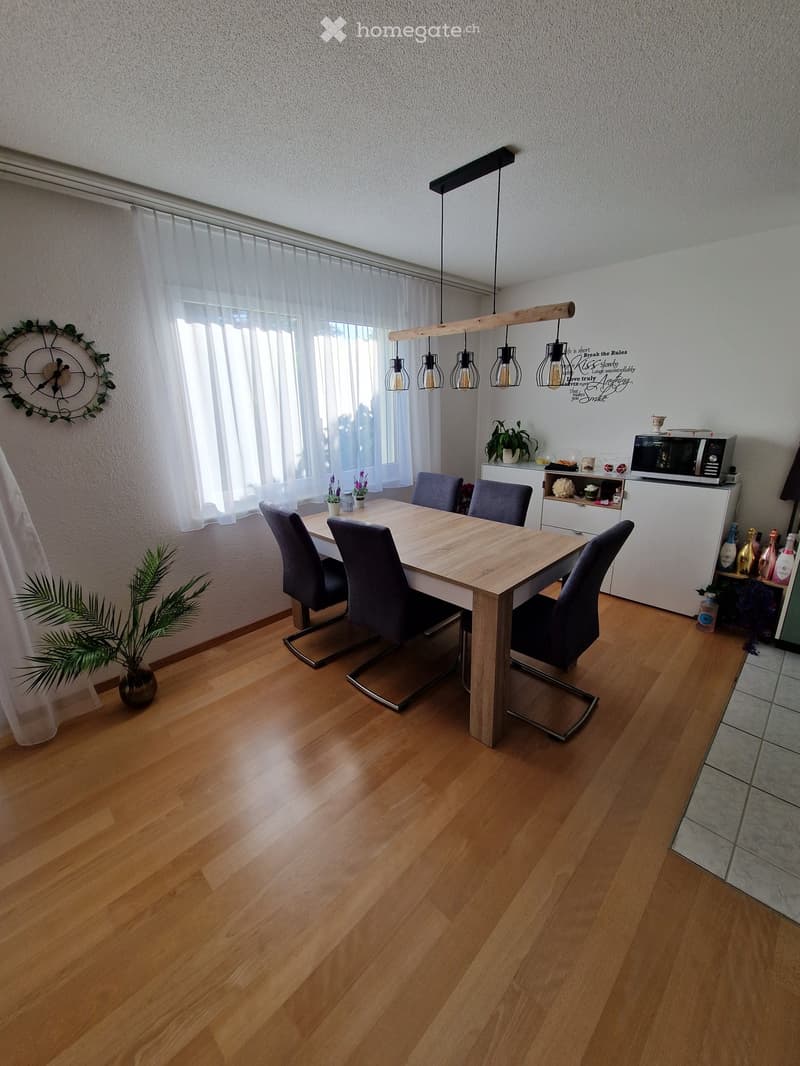 Dining room with wooden floor, large window with white curtains, dining table with six chairs, microwave on cabinet, potted plants, and decorative wall clock.