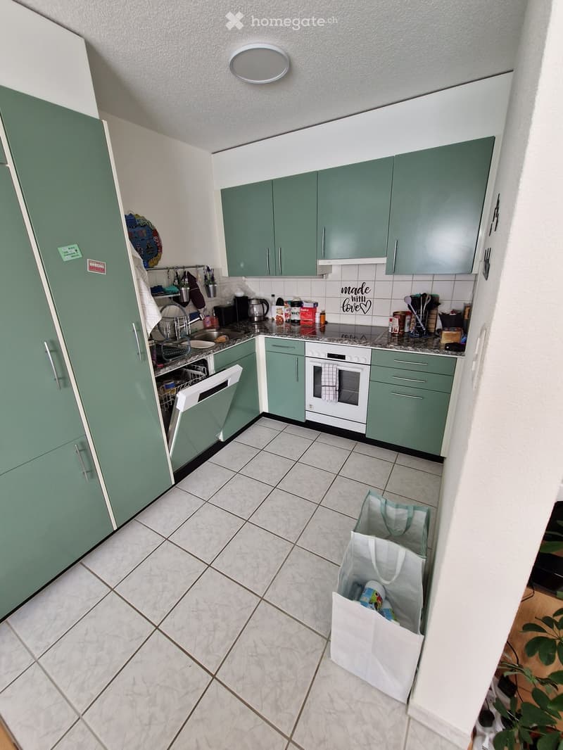 Modern kitchen with green cabinets, white appliances, and marble tiles. Includes a dishwasher, oven, refrigerator, sink, and various kitchen items on the counter.