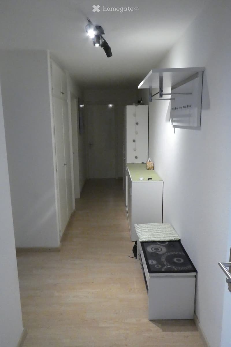 A narrow hallway with a bench, a mirror, and a cabinet. The floor is carpeted, and the walls are white.