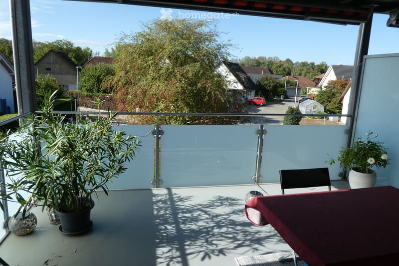 Balcony with a table, chair, and potted plants, overlooking a residential area with houses and trees.