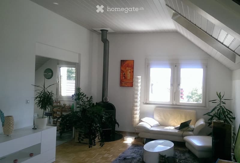 Bright living room with white walls, wooden floor, large windows, a white sofa, ottoman, coffee table, fireplace, and several plants.