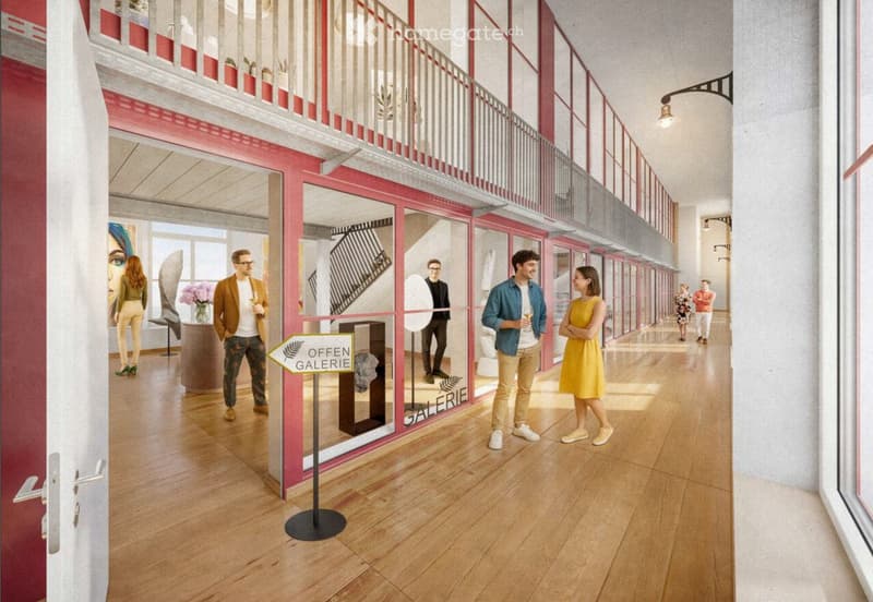 Modern gallery hallway with wooden flooring, red and white color scheme, large glass windows, and a balcony level above.