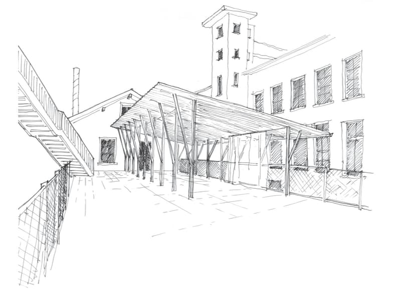 Sketch of a multi-level building with a covered outdoor area, staircase, and multiple windows.