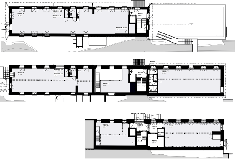 Floor plan of a multi-story building with labeled rooms and dimensions, including bedrooms, bathrooms, and a parking area.