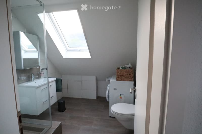 Modern bathroom with a skylight window, white sink with mirror, toilet, and a wicker basket on top of a washing machine.