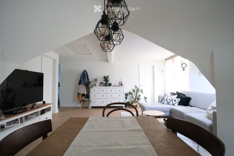 Bright living room with a slanted ceiling, featuring a grey sofa, wooden dining table, chairs, TV, and decorative plants.