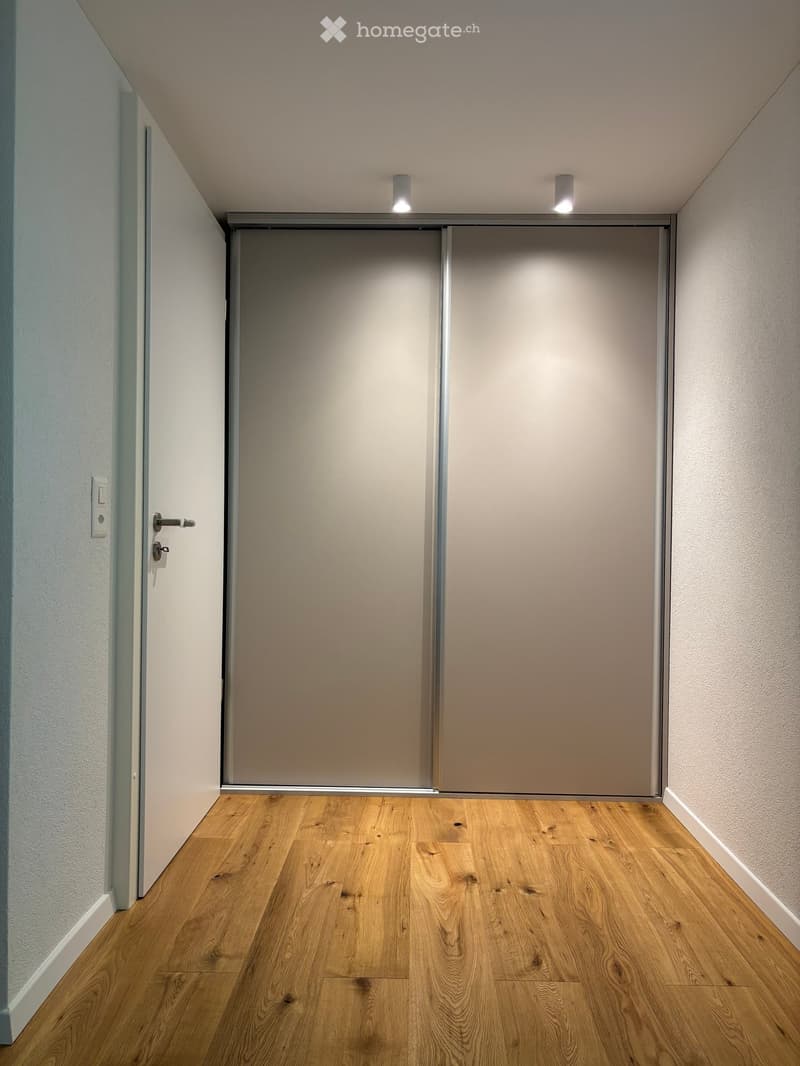 Modern hallway with light wooden flooring, neutral-colored walls, and recessed ceiling lighting. Features a closed sliding door and a light switch on the left wall.