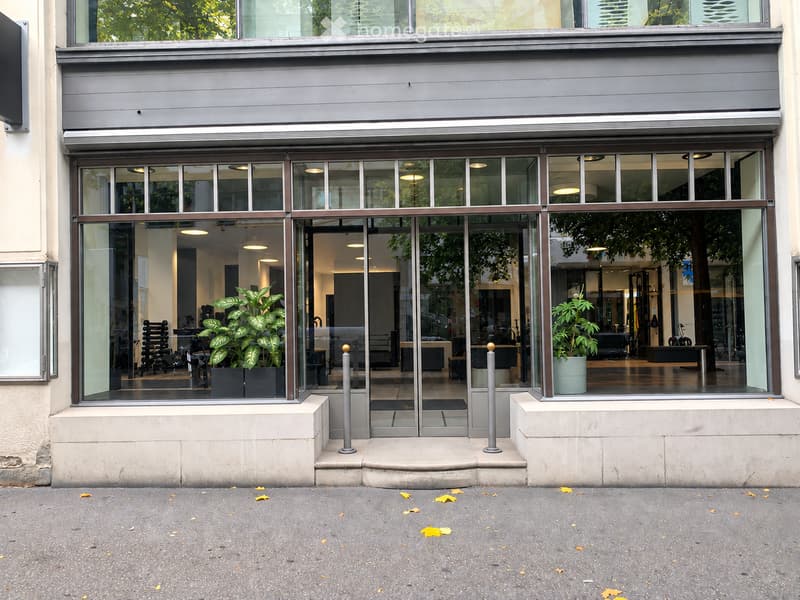 Modern storefront with large glass windows and doors, reflecting interior greenery and furniture, with a clean urban sidewalk.