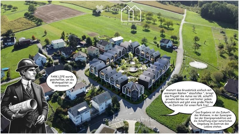 Aerial view of a residential development with multiple houses, green spaces, and a central park area.