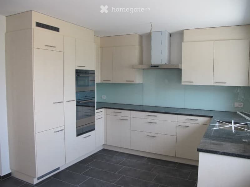 Modern kitchen with white cabinets, stainless steel oven, range hood, and dark countertop.