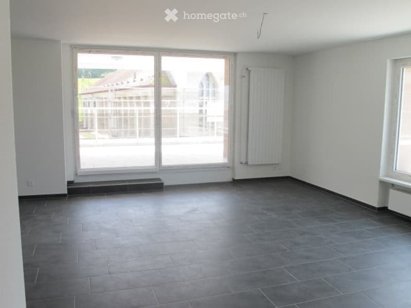 Completely empty room with bare walls, dark grey tiled floor, large windows, and radiator on one wall.