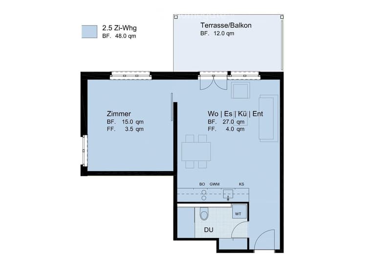 Floor plan of a 2.5-room apartment with a living/dining/kitchen area, bedroom, bathroom, and balcony.