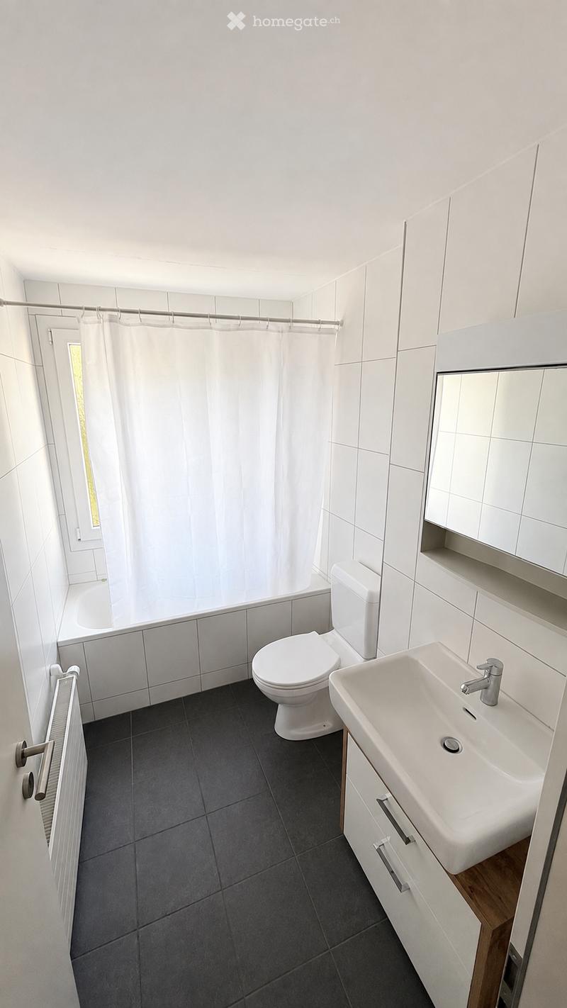 Modern bathroom with white tiles, dark grey floor, toilet, sink, bathtub, shower curtain, and radiator.