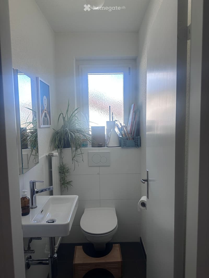 Modern, compact bathroom with a white sink, chrome faucet, toilet, mirror, and small plant on the windowsill. The room features white tiled walls and a small window letting in natural light.