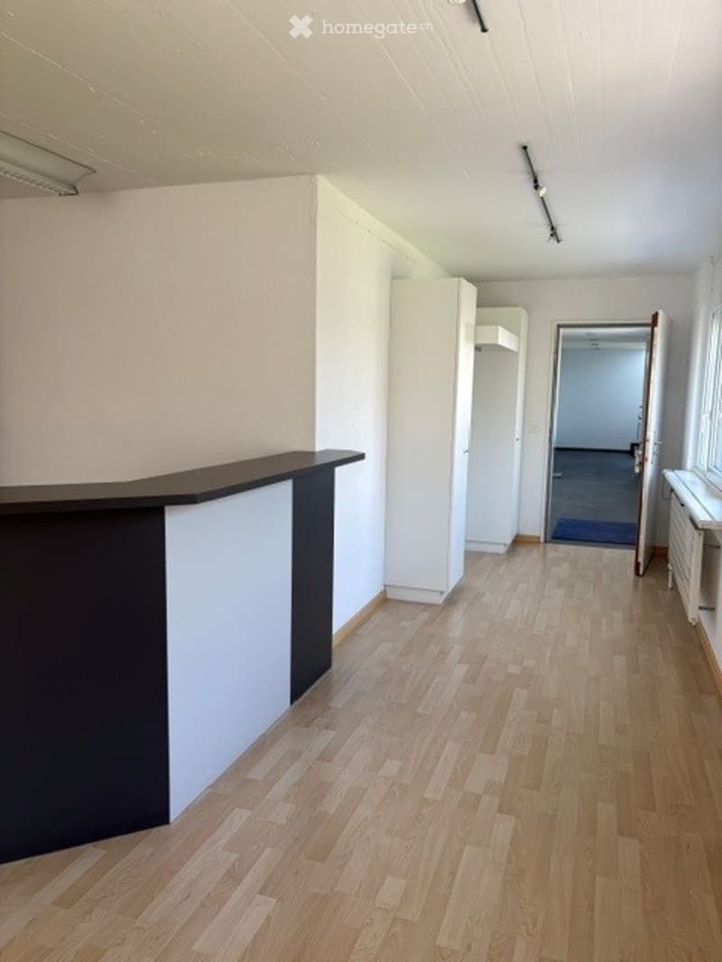 Empty hallway with wooden flooring, white walls, and a reception desk on the left side. A doorway leads to another room with a blue rug visible.
