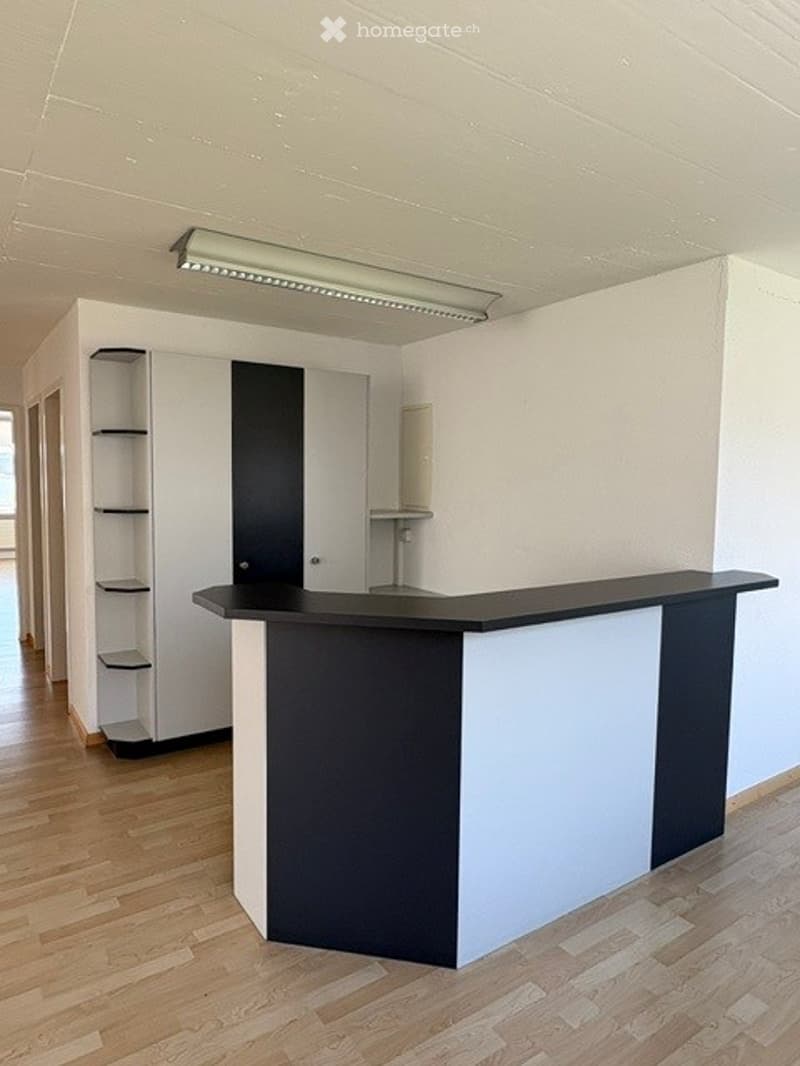 A modern reception area with a sleek black and white reception desk, a built-in cabinet, and a tall shelving unit. The room features light wooden flooring and white walls.