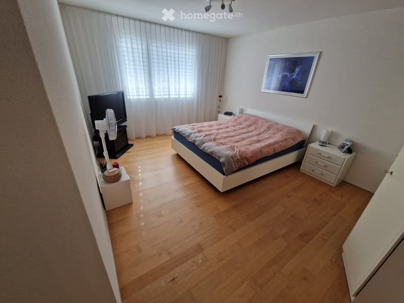 Well-lit bedroom with wooden flooring, a white bed with pink bedding, a nightstand, a fan, a television, and a picture frame on the wall.