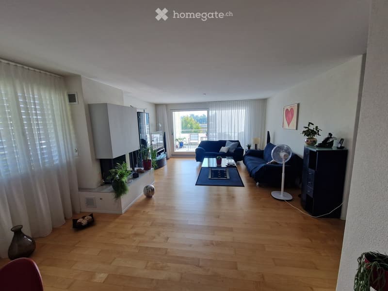 Bright living room with wooden flooring, two blue sofas, a coffee table, a fan, and decorative plants.