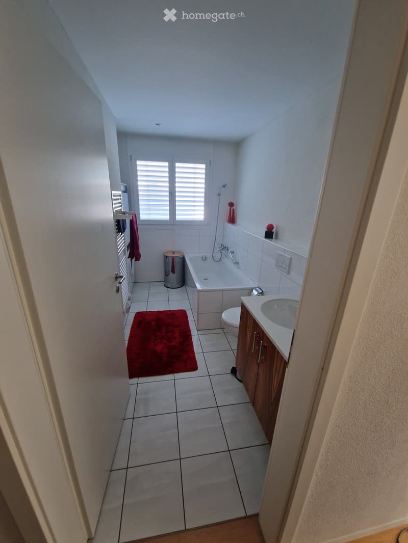 Modern bathroom with white tiles, a bathtub, toilet, sink, wooden cabinet, and a red rug on the floor.