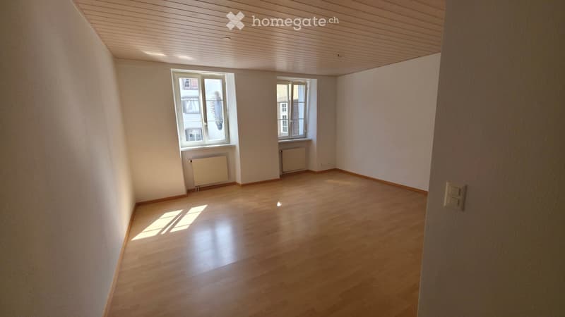 Empty room with wooden flooring, white walls, and two windows with radiators beneath them.