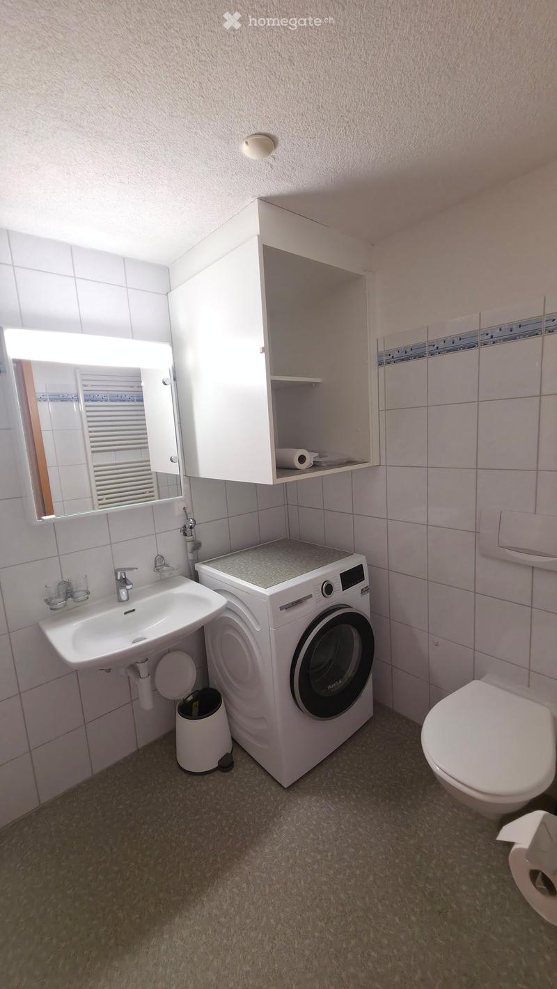 Modern bathroom with a white sink, mirror, cabinet, washing machine, and toilet. The walls are tiled, and the floor is carpeted.