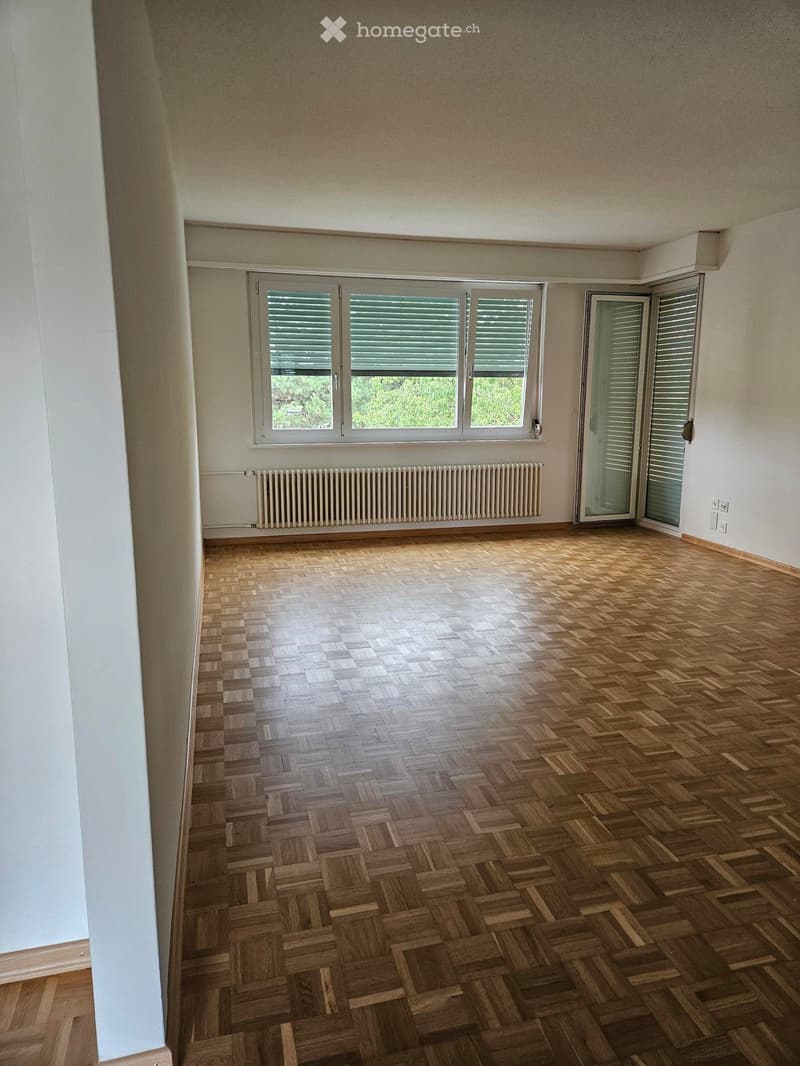 Empty room with wooden herringbone flooring, white walls, large window with blinds, radiator, and glass sliding door leading outside.