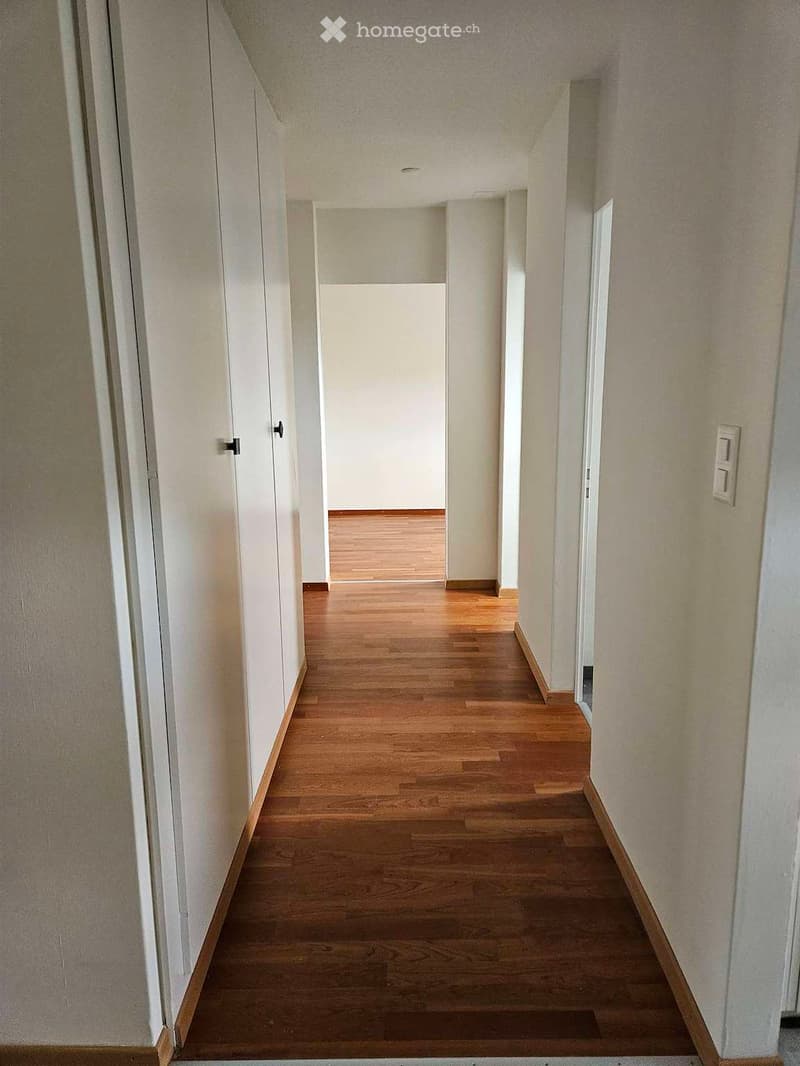 Empty hallway with wooden flooring, white walls, and several closed doors on both sides.
