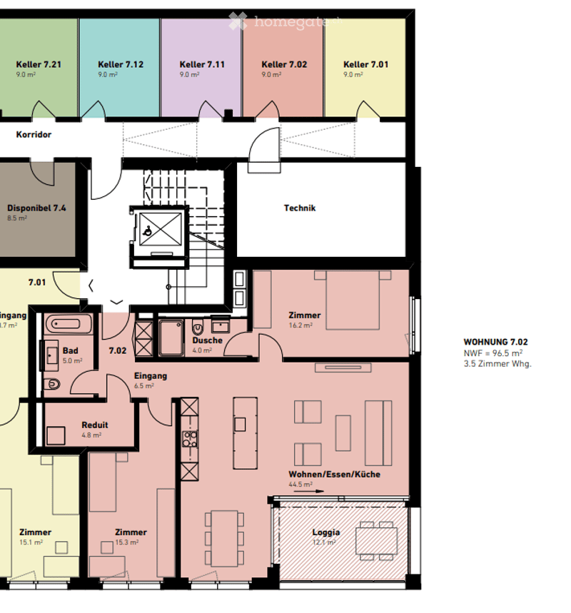 Floor plan of a 3.5-room apartment with living/dining/kitchen area, two bedrooms, bathroom, hallway, and technical room.