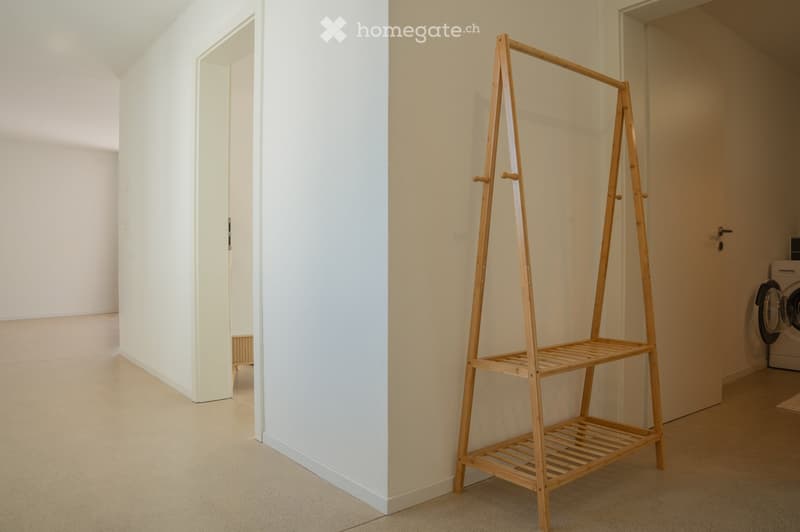 Empty hallway with light-colored walls and carpeted floor, featuring a wooden coat rack and a partially visible washing machine in the background.